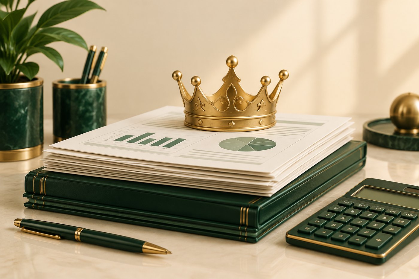 A gold crown resting on tidy financial documents