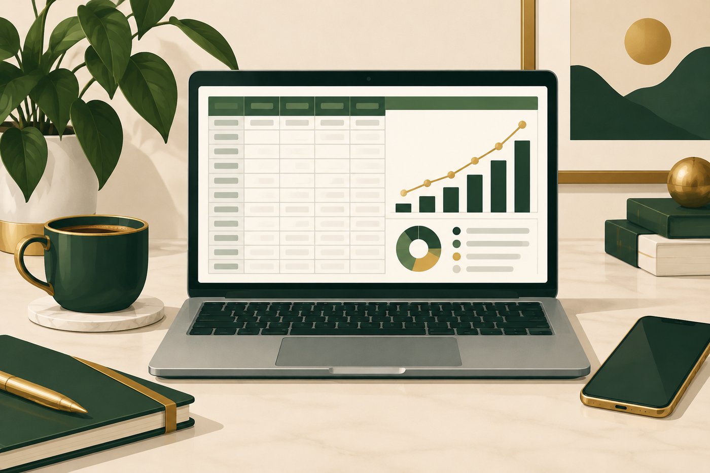 A laptop with a tidy spreadsheet and a rising savings chart